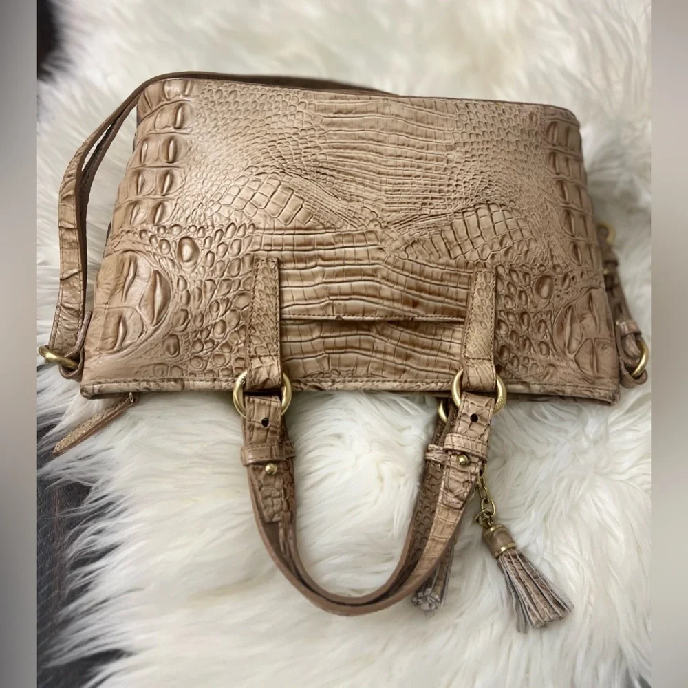 Brahmin Crocodile-Embossed Cream Satchel